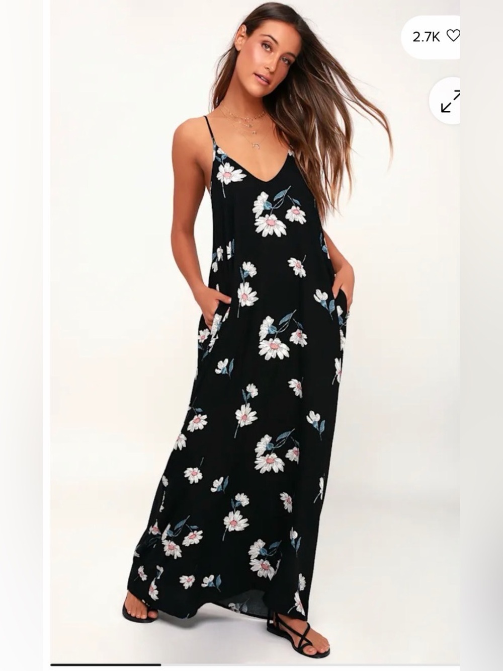 Lulus Yours Tule Black Daisy Print Maxi Dress with Pockets- S/M